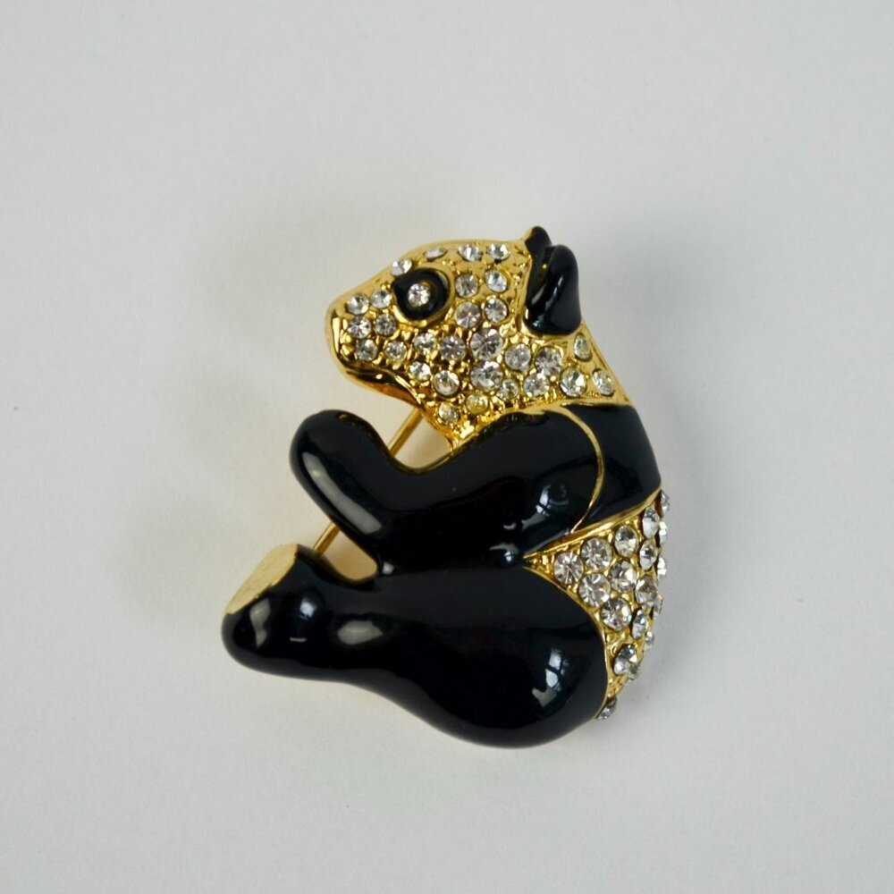 Vintage Black Enameled Gold Toned CZ Stone Brooch Panda